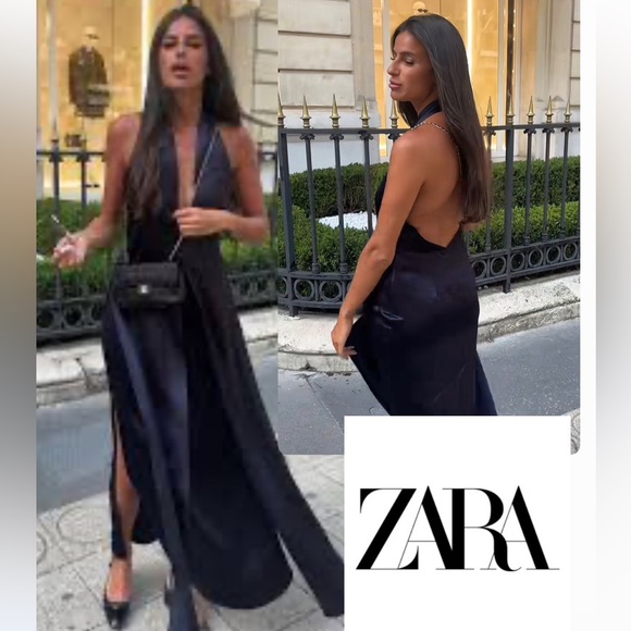 Zara Dresses & Skirts - Zara Navy Maxi Satin Dress with Slit size small